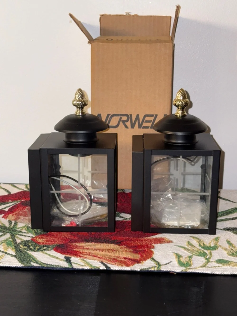 Pair of Black Outdoor Lantern Wall Sconces Lights with Gold Finials Norwell
